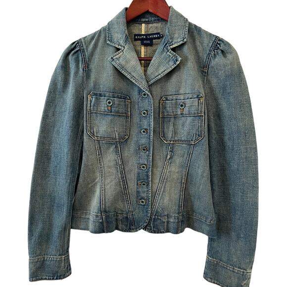 Ralph Lauren Shrunken Puff Sleeve Denim Jean Jacket Vintage Wash - Picture 2 of 10